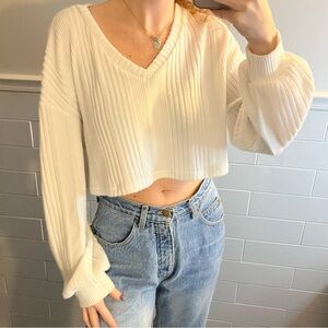 White Cropped V-neck Sweater